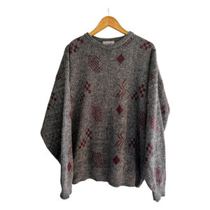 90s Knit Sweater Geometric Pattern Grandpa Style Chunky Crewneck
